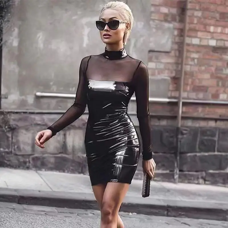 

3XL Women Shiny Leather Sheath Bag Hip Dress See Through Porn Breast Exposing Shaping Bodycon Stitching With Transparent Mesh