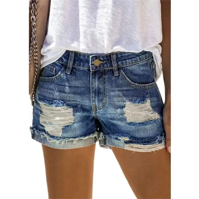 

Fashion Broken Holes Splicing Cloth Denim Shorts Women Folded Legs Three Quarter Pants Female Casual Trend Streetwear Mini Jeans