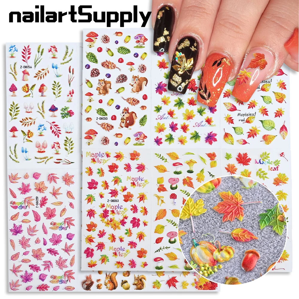 

5D Embossed Autumn Nail Polish Stickers Cute Squirrel Mushroom Engraved Craft Nail Slider Fall Maple Leaves Manicure Art Decals