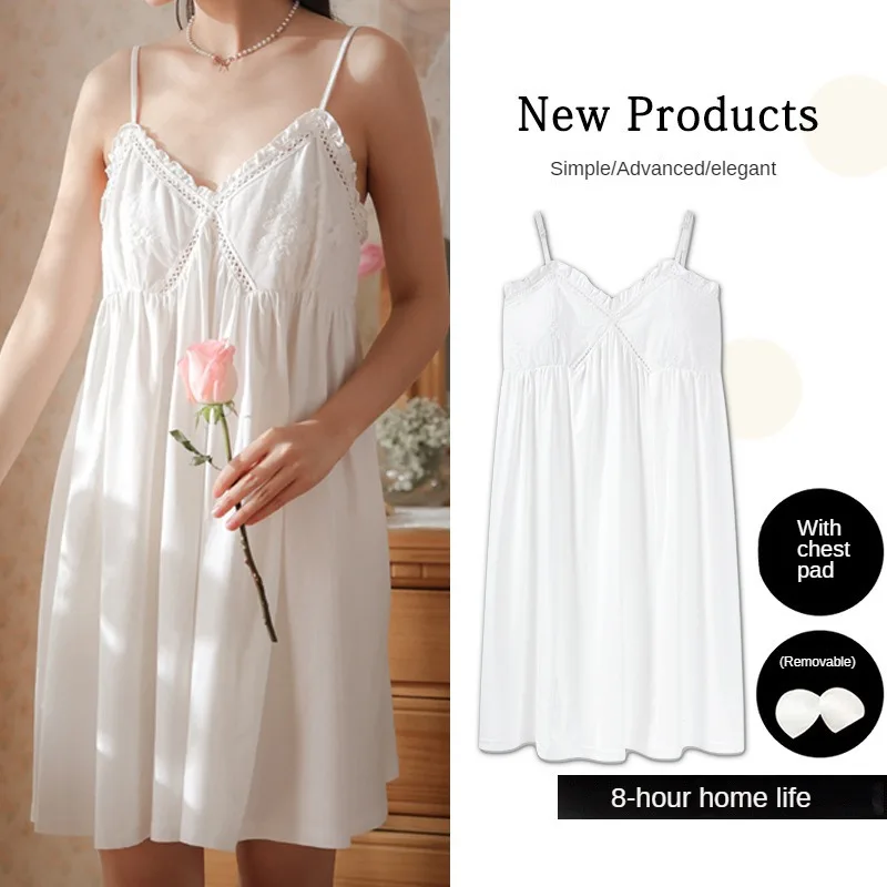 

Slip Nightdress Women's Summer Sleepshirts Sexy Lace Princess Pajamas Loose Modal Nightgowns White Homewear with Chest Pad