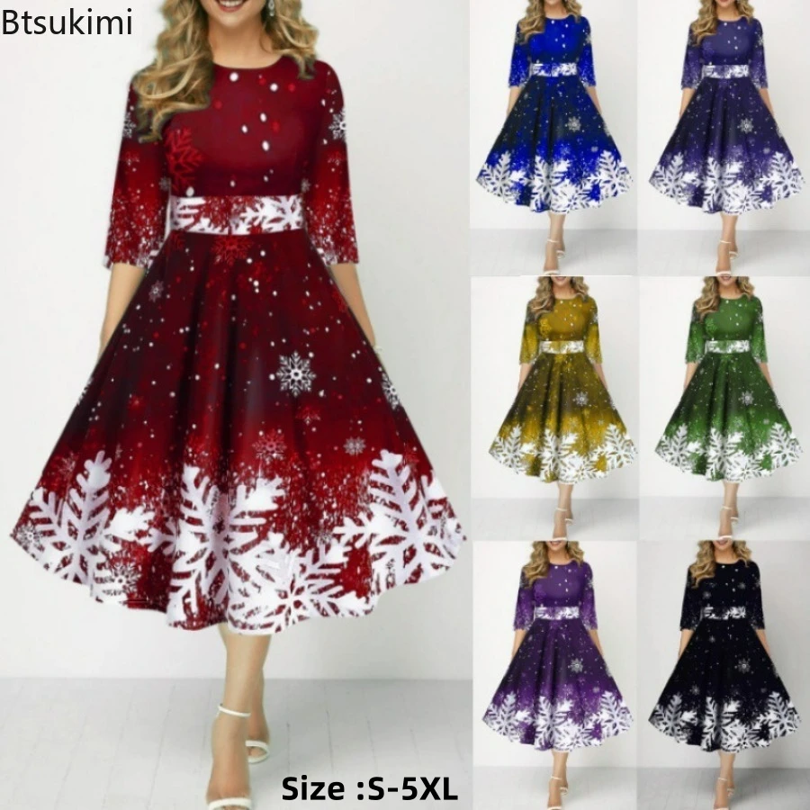 

2024 Women's High Waisted Festival Dress Autumn Winter Christmas Snowflake Print Medium Sleeved Waistband Elegant Dress Female