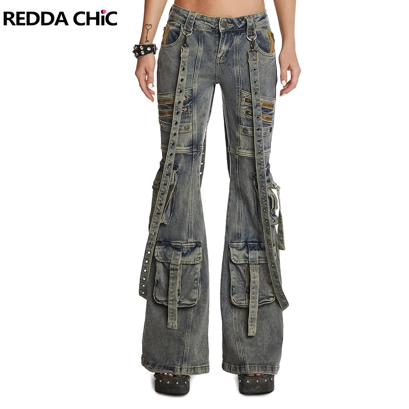 

REDDACHiC Belt Deconstructed Women's Cargo Jeans 90s Retro Low Rise Big Pockets Flare Jeans Bootcut Pants Grunge Y2k Streetwear