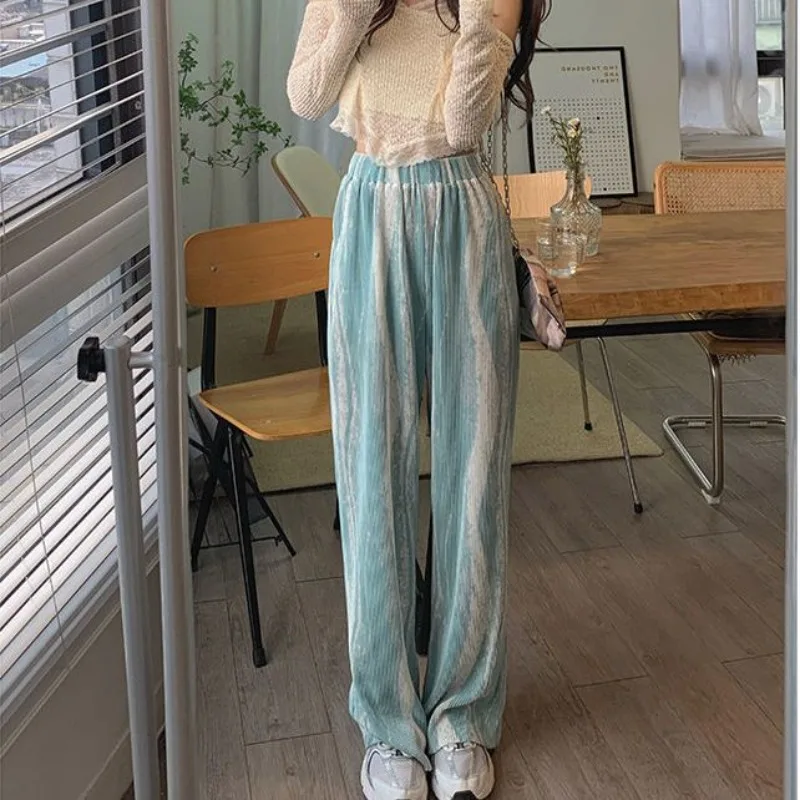 

Water Wave Halo Dyed Wide Leg Women's 2024 Summer Patchwork Pleated Style Casual High Waist Drape Straight Tube Loose Mop Pants