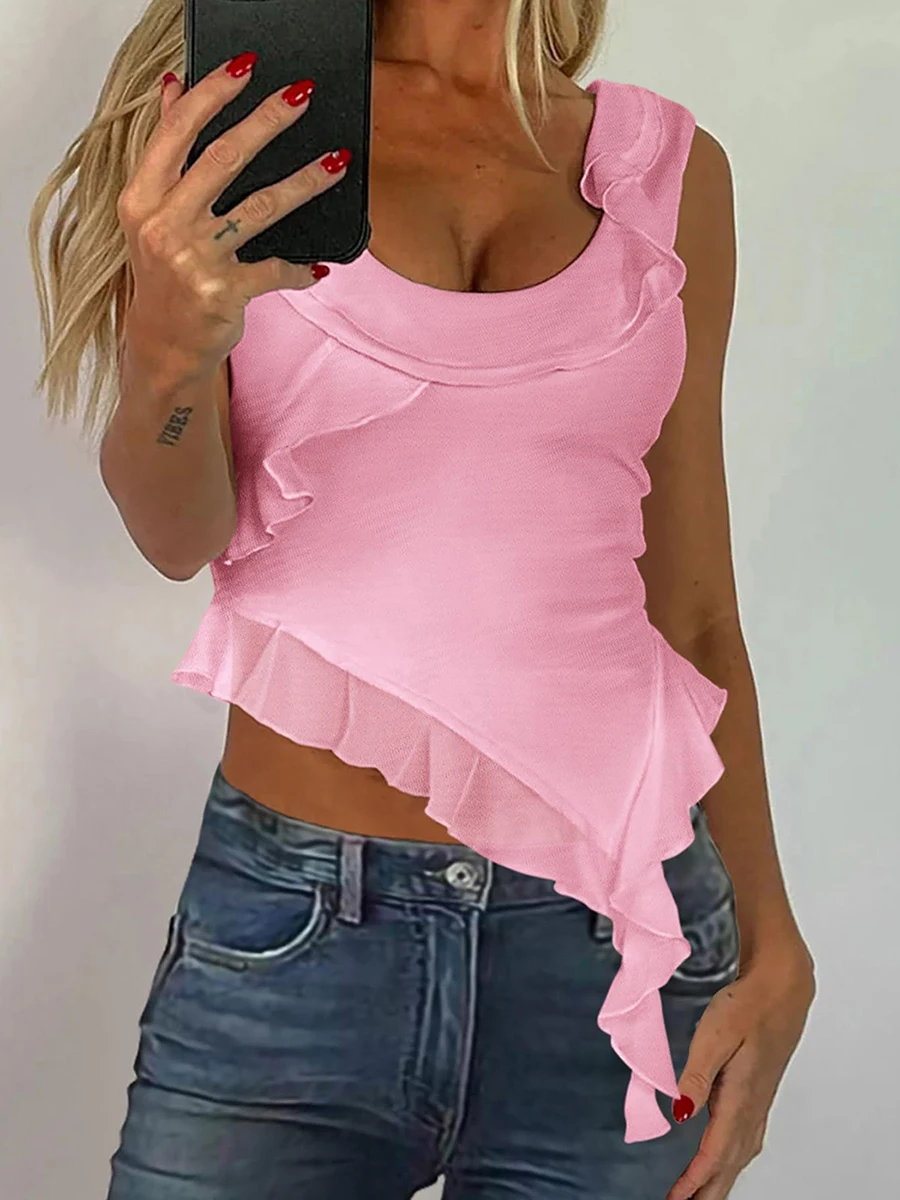 

Women Mesh Ruffles Tank Tops Y2k Asymmetrical Scoop Neck Crop Tops 2024 Summer Y2k Going Out Top Sexy Cami Shirt