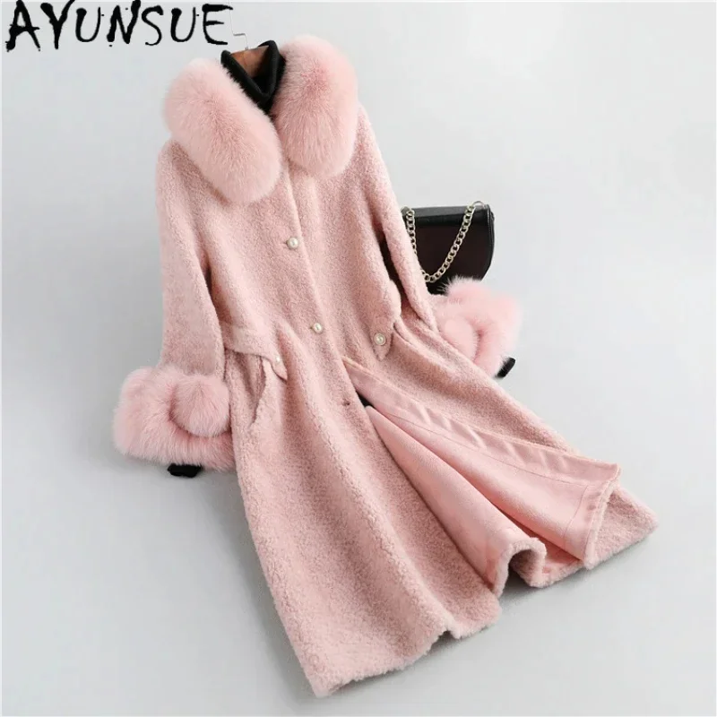 

High AYUNSUE Quality Sheep Shearing Jacket for Women 100% Wool Coats Female Autumn Winter Luxury Fox Fur Collar and Cuff Abrigos