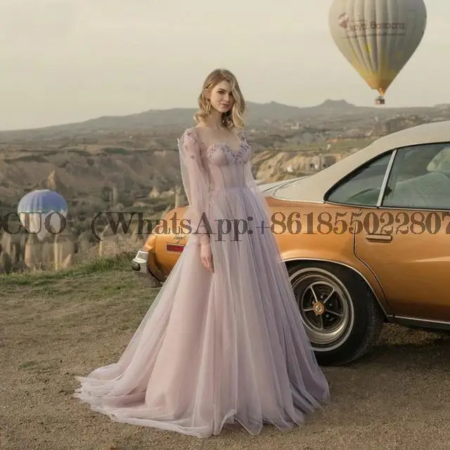 Sweetheart Long Puff Sleeves Tulle Appliques Prom Dresses A Line Lace-up Backless Party Gown Sweep Train robes de soirée
Sweetheart Long Puff Sleeves Tulle Appliques Prom Dresses A Line Lace-up Backless Party Gown Sweep Train robes de soirée