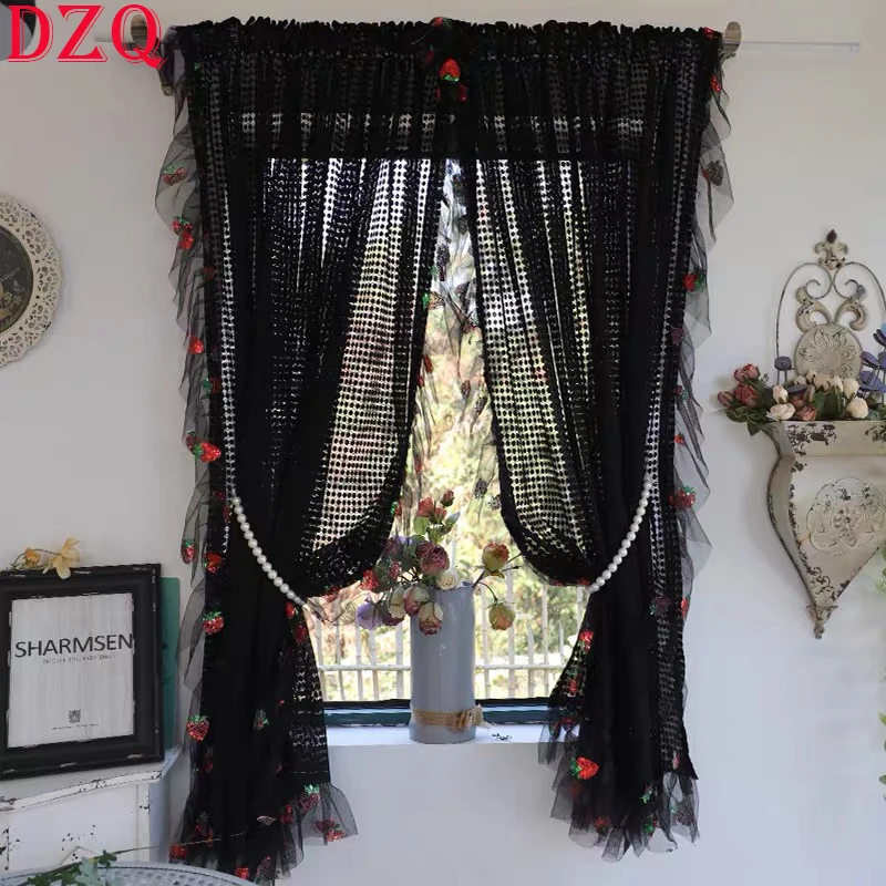 

Idyllic French Black Strawberry Tulle Curtains for Living Room Rural Elegant Lace Warp Ruffled Curtains for Kitchen Bedroom A514