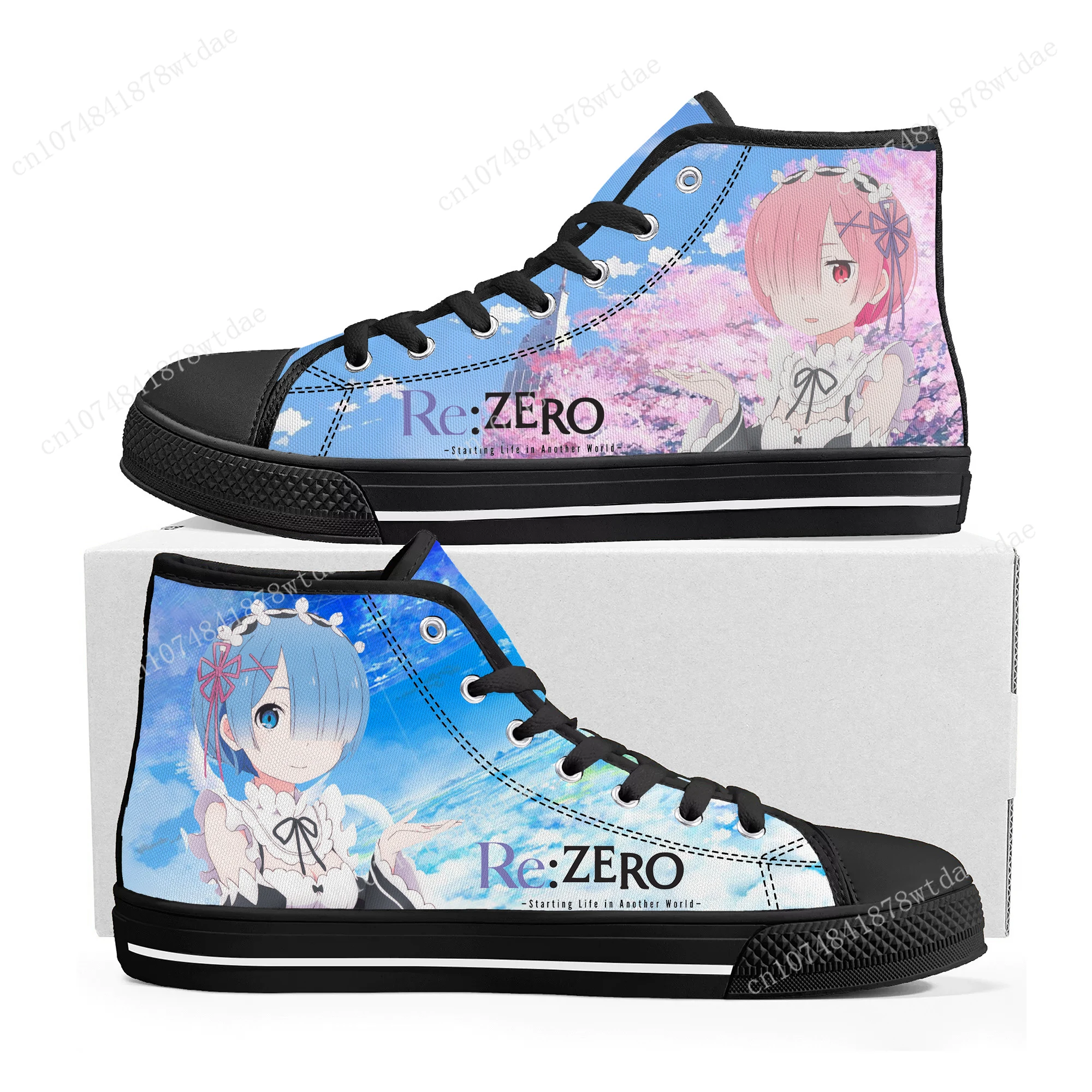 

Rem Ram High Top Sneakers Mens Womens Teenager Re:Zero High Quality Canvas Sneaker Anime Cartoon Manga Casual Custom Made Shoes