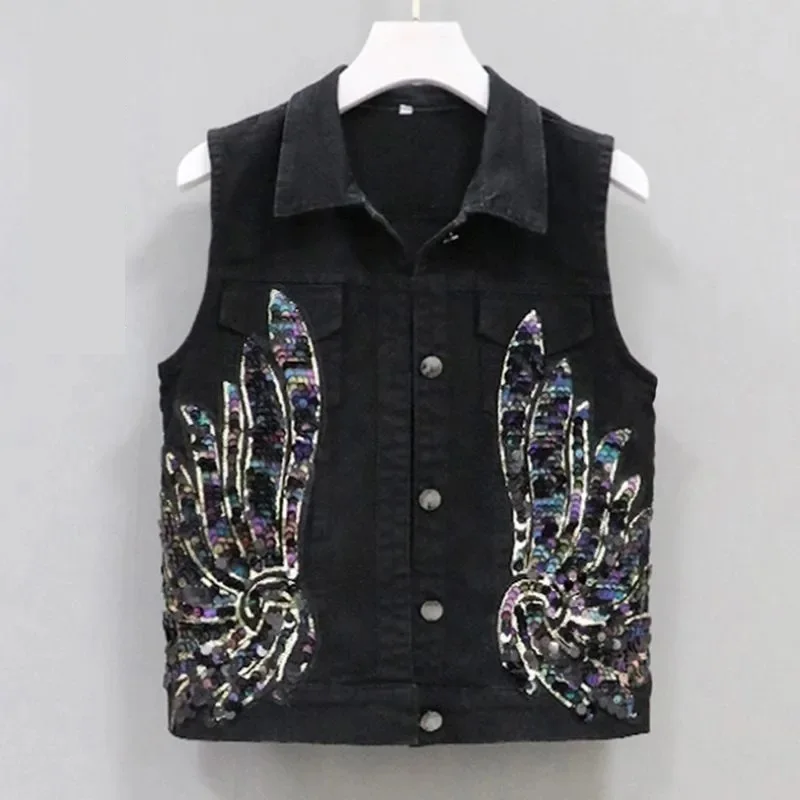 

Women Sleeveless Short Jean Vest Coat 2024 New Female Single Breasted Black White Sequin Denim Vests Sleeveless Waistcoat Jacket