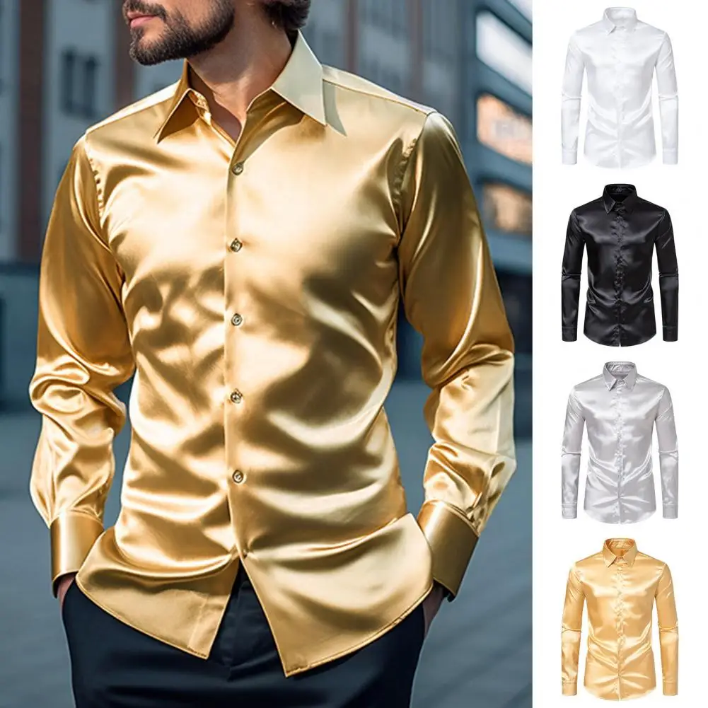 

Men Shirt Stylish Men's Silk-like Satin Shirts Long Sleeve Slim Fit Button Down Business Formal Attire Enhance Wardrobe Men Long