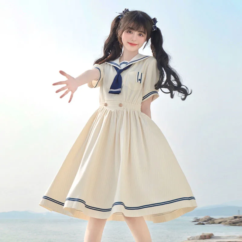 

Japanese Academic Jk Loli Style Navy Collar Jk Dress Female Summer Long Temperament Sweet Striped Lolita Op Dresses