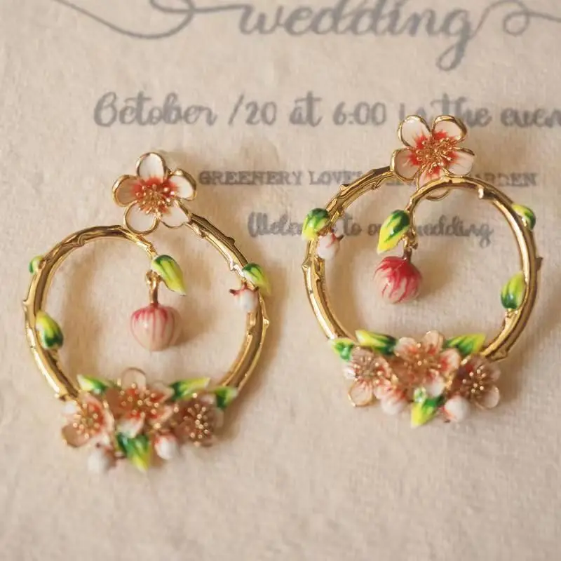 

Unique Design Enamel Flower Earrings Exquisite Peach Blossom Enamel Earrings Luxury Party Earring Statement Jewelry For Gifts