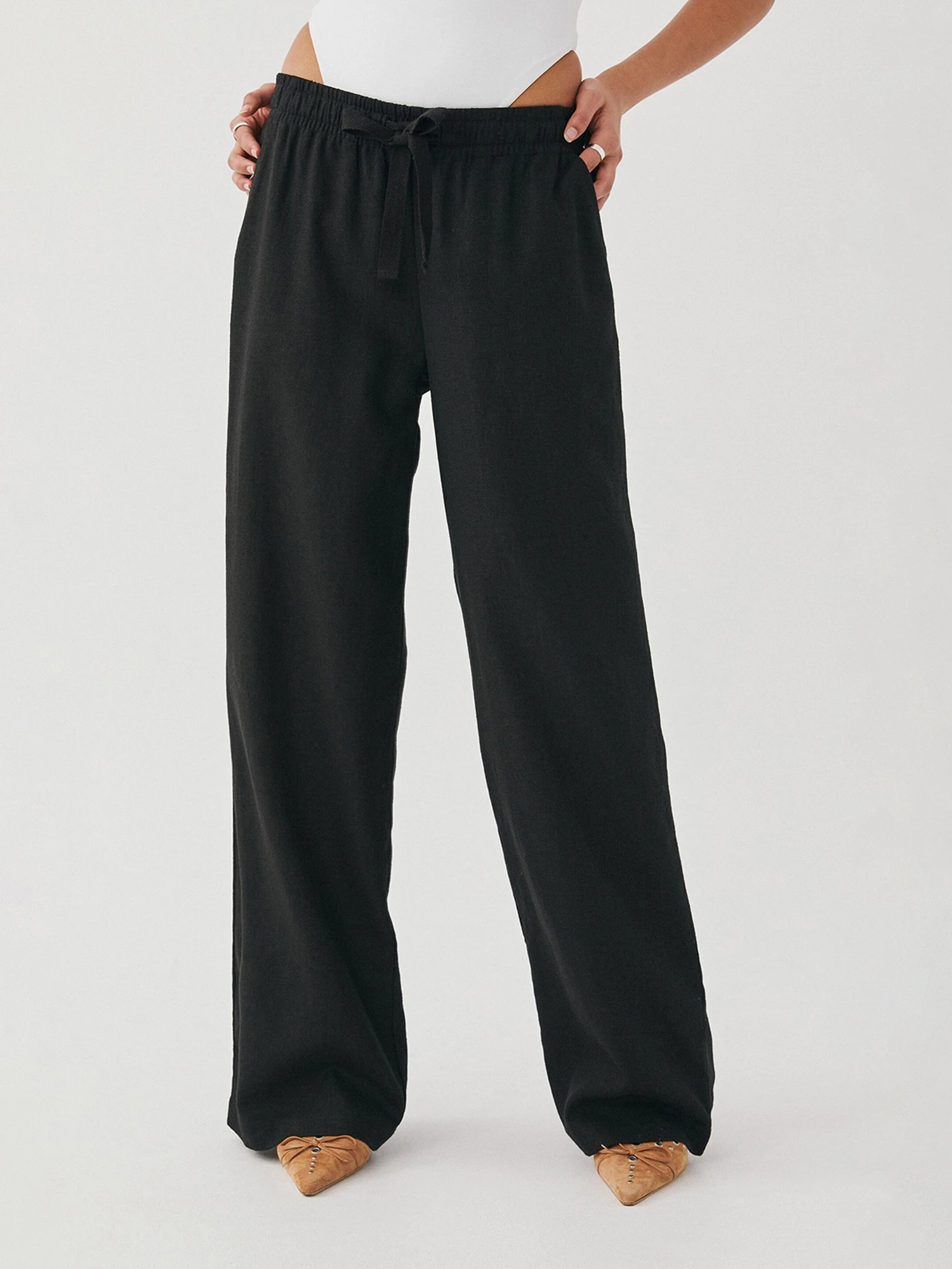 

Брюки-Палаццо женские льняные с широкими штанинами, повседневные длинные штаны в стиле бохо, с завышенной талией, штаны с карманами, на лето