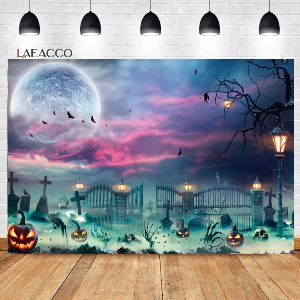 

Laeacco Happy Halloween Party Photography Backdrop Horror Full Moon Pumpkin Haunted Cemetery Bat Kids Child Portrait Background
