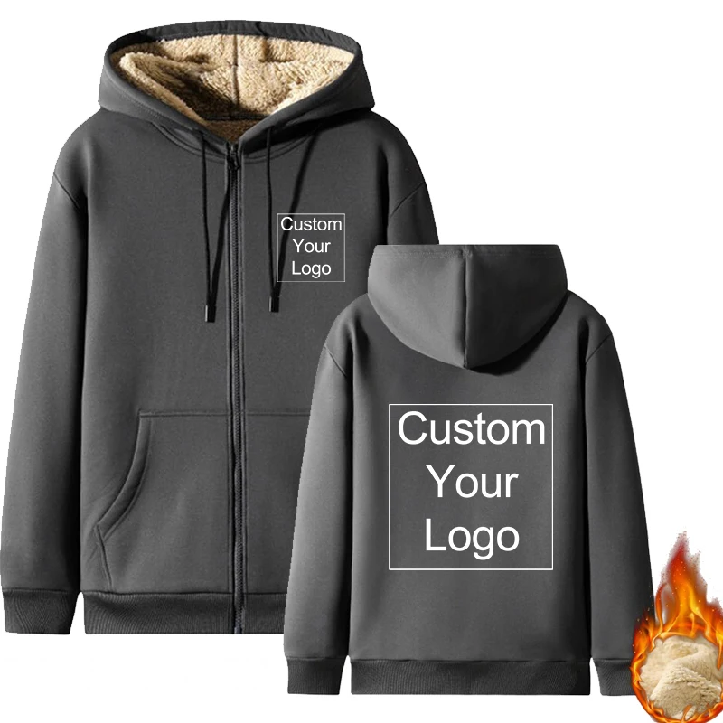 

Custom Your Logo Sweatshirt Coat Front Pockets Warm Zipper Lamb Wool Jacket Men Woman Winter Plush Lined Cardigan Hoodie