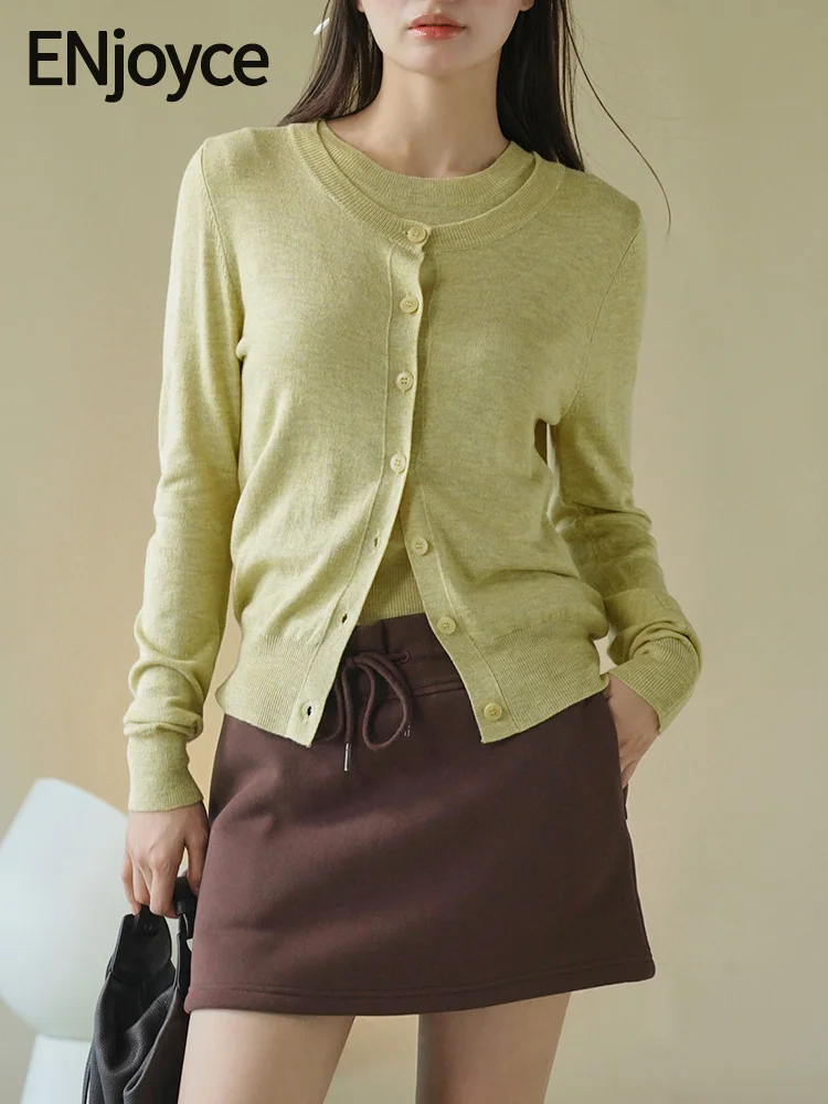 

ENjoyce 2024 Spring Women Korean Fashion Wool Knitted Sweater Cardigans Elegant Slim Single-Breasted Knitwear Coat