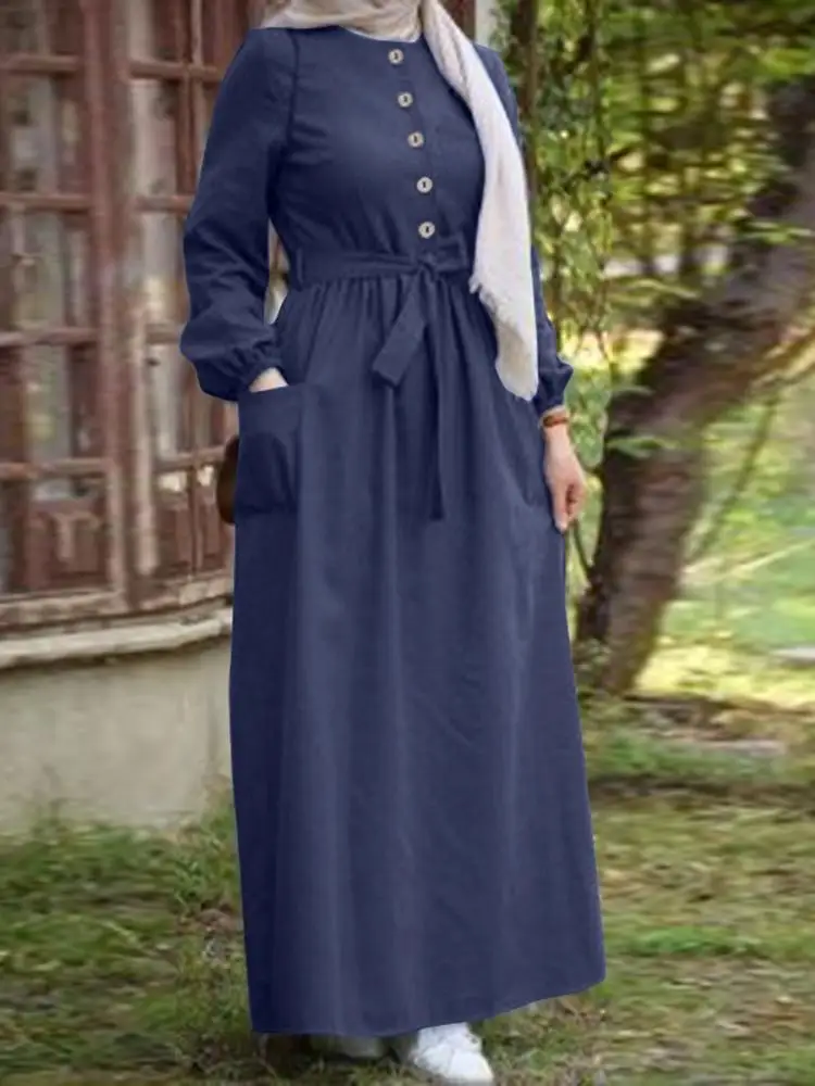 

Muslim Maxi Dress Robe Women's Demin Blue Sundress ZANZEA 2024 Casual Long Sleeve Shirt Vestidos Female Solid Button Kaftan