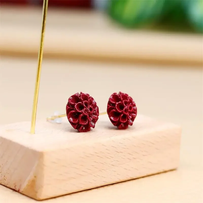 

Red Cinnabar Flower Earrings Gifts Talismans Natural Fashion Women Carved Jewelry Gemstones 925 Silver Gift Jade Ear Studs