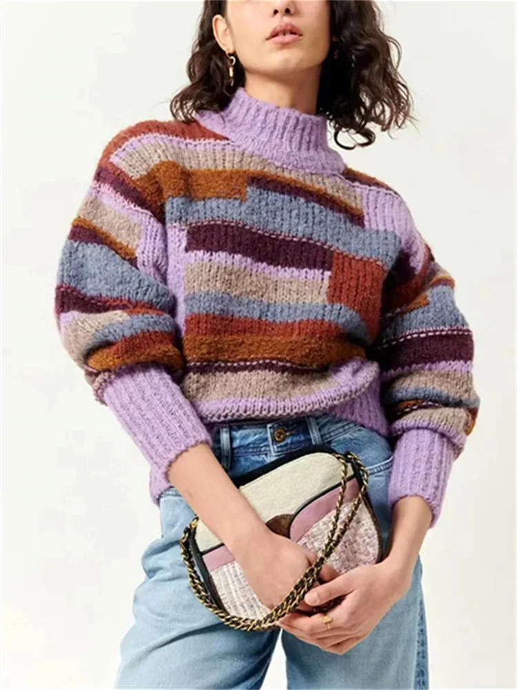 

Women's Sweater 2023 New Fall Winter Wool Blended Striped Turtleneck Color Blocking Loose Vintage Long Sleeve Pullover