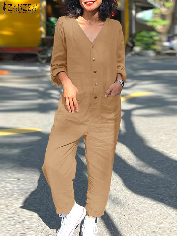 Женский комбинезон для работы ZANZEA, винтажный комбинезон с длинным рукавом и V-образным вырезом, повседневные мешковатые брюки, лето 2024 
Женский комбинезон для работы ZANZEA, винтажный комбинезон с длинным рукавом и V-образным вырезом, повседневные мешковатые брюки, лето 2024