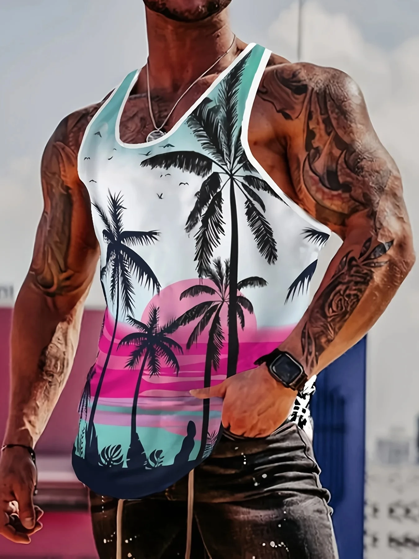 2024 Summer Sunset Coconut Tree Print Casual Micro-Stretch Round Neck Vest Adult Men's Fitness Sports Sleeveless T-Shirt 
2024 Summer Sunset Coconut Tree Print Casual Micro-Stretch Round Neck Vest Adult Men's Fitness Sports Sleeveless T-Shirt