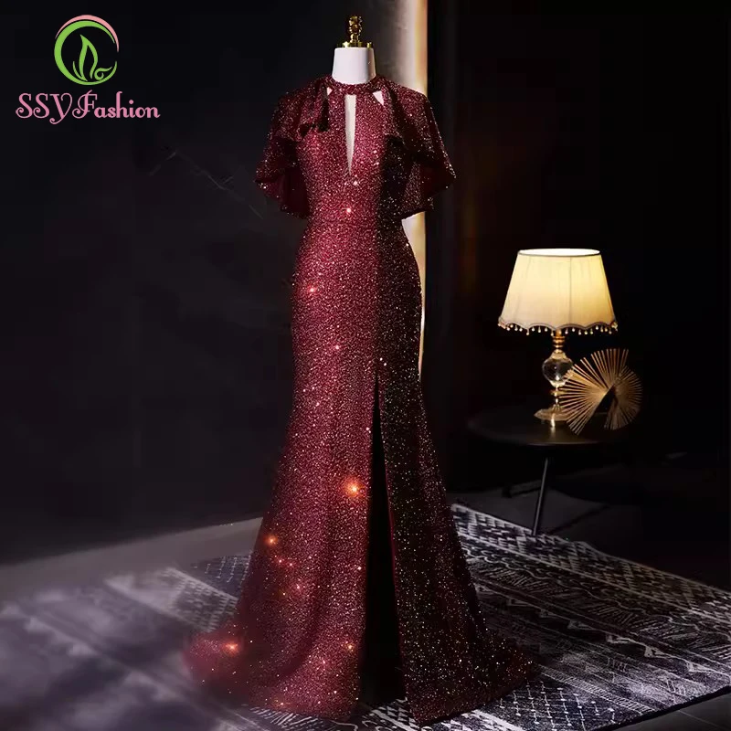 

Женское вечернее платье-Русалка SSYFashion, роскошное винно-красное банкетное платье с блестками и юбкой-годе, элегантное официальное платье для женщин