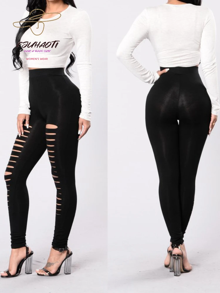 

Женские черные рваные легинсы с передней частью, женские облегающие брюки большого размера с перфорацией для фитнеса, женская одежда, бесплатная доставка