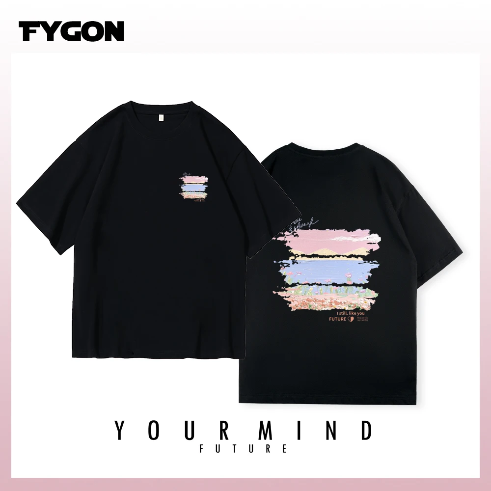 Fygon print pattern oversized T-shirt 100% cotton round neck short-sleeved European and American style loose top
Fygon print pattern oversized T-shirt 100% cotton round neck short-sleeved European and American style loose top