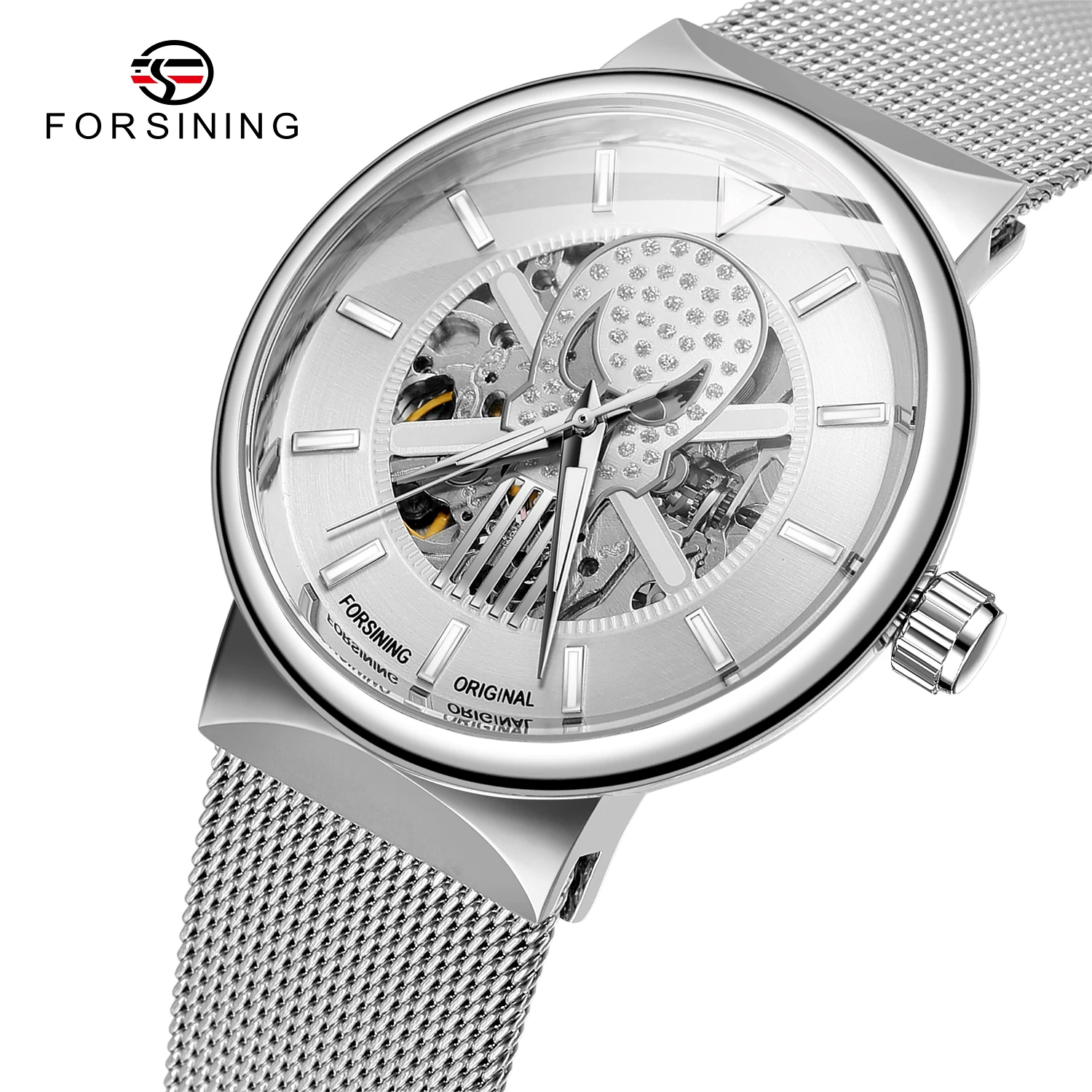 

Forsining Fashion Engraved Movement Mechanical Watches Skull Skeleton Luminous Hands Automatic Mens Watch Stainless Steel Strap