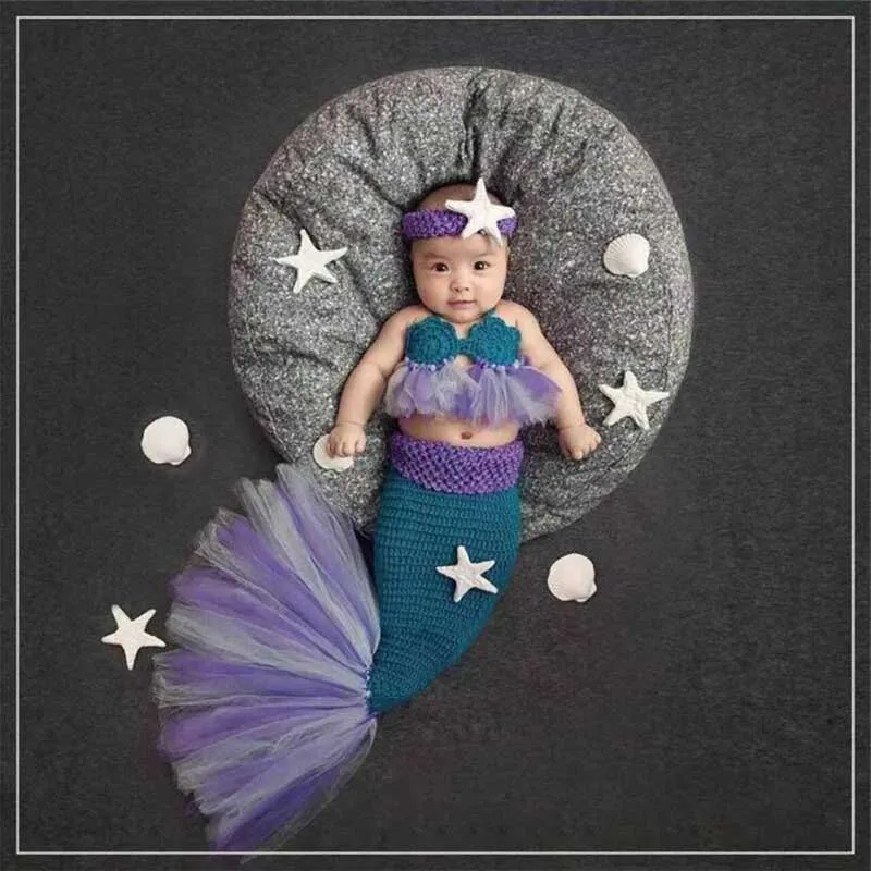 

Mermaid Newborn Photography Infant Knitted Clothing,Baby Starfish Headdress Set,For Studio Photo Pose Shoot Props Accessories