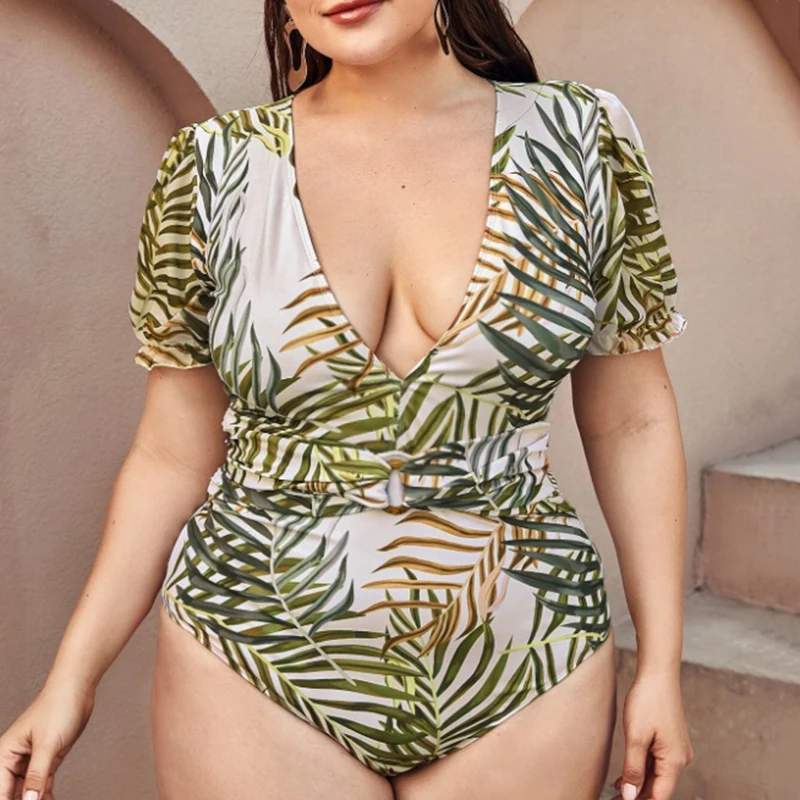 

Plunge V Neck Plus Size One Piece Swimsuit For Women With Tummy Control Monokini Short Sleeve Large Size Bodysuit Swimwear 4XL