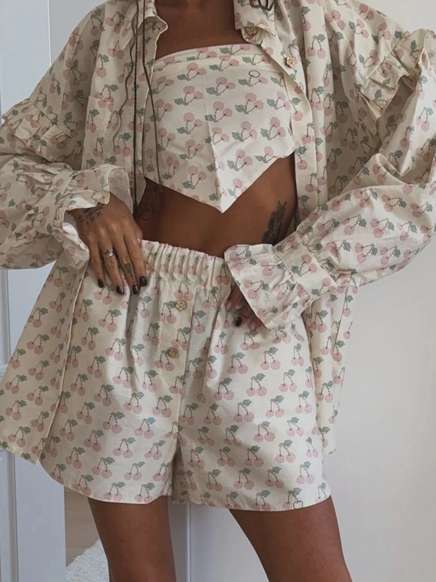 Marthaqiqi Printing Female Pajama Suit Long Sleeve Robe Turn-Down Collar Sleepwear Tank Top Nightwear Shorts Nightie 3 Piece Set 32 S05633296478f40c7a858ab056f4cc6e7H