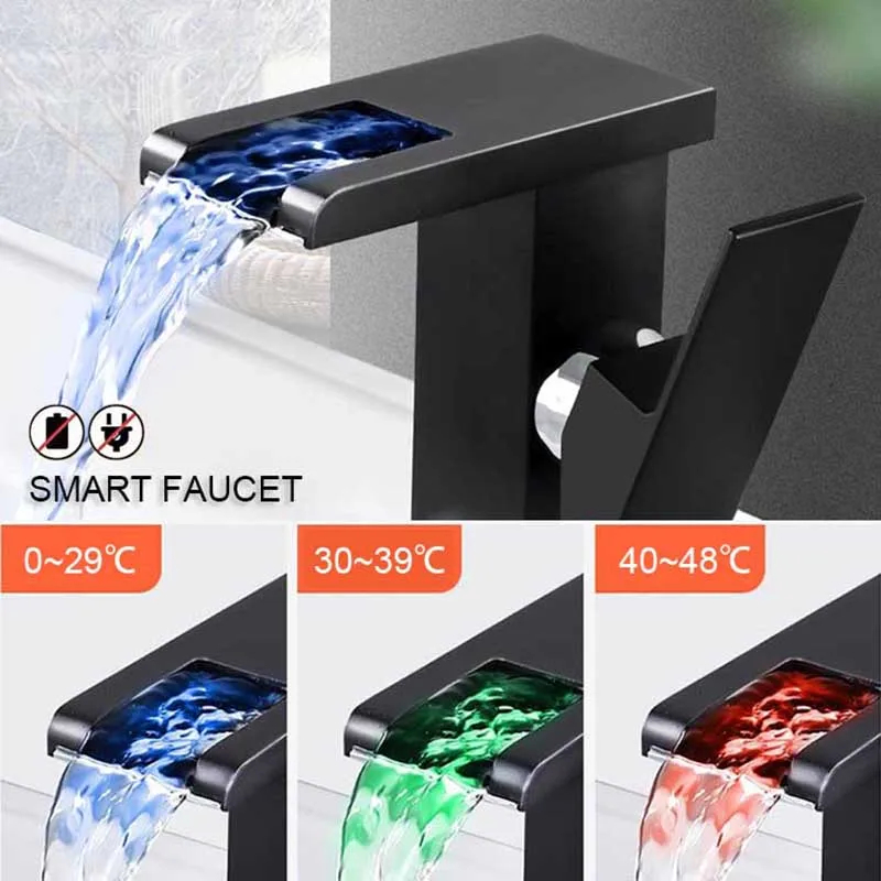 

LED Waterfall Faucet Home Hot and Cold Color Changing Luminous Mixer Tap Square Wash Basin Bathroom Cabinet Faucets Copper Alloy
