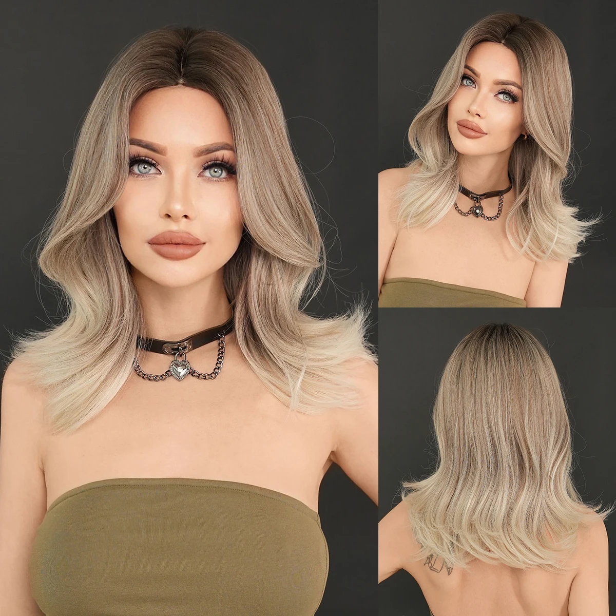 

NAMM Costume Wig Synthetic Long Wavy Light Brown Wigs With Dark Roots High Density Layered Hair Wigs With Neat Bangs For Women