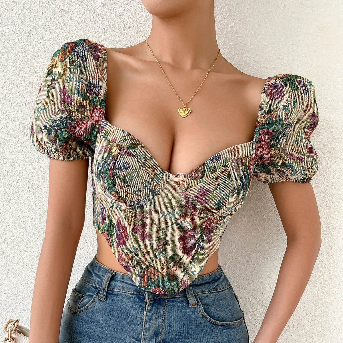 

Puff Sleeve Crop Tops French Vintage Corset Sexy Floral Bustier Tank Top Summer Female Slim Fishbone Camisole Women Skinny Tunic