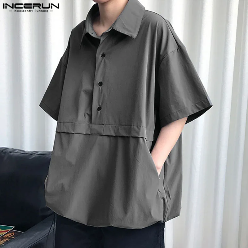 

INCERUN Tops 2024 Korean Style New Mens Solid Loose Comfortable Shirts Casual Well Fitting Male Lapel Short Sleeved Blouse S-5XL