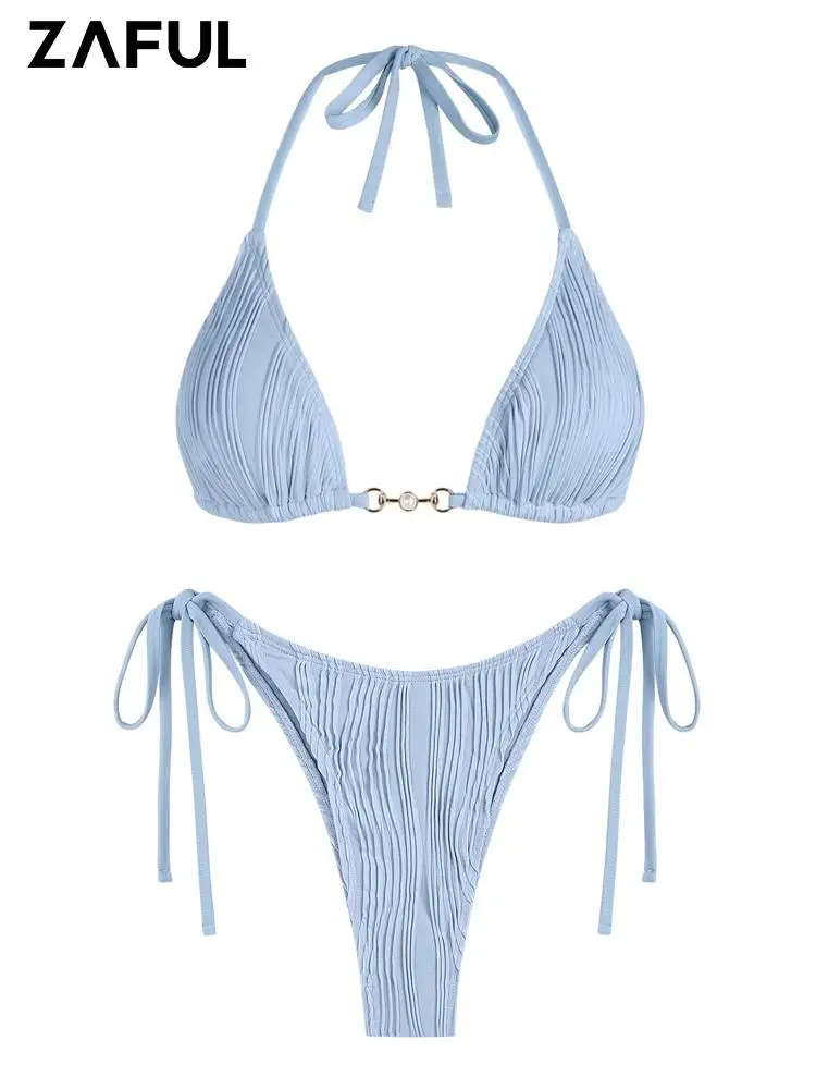 

ZAFUL Women's Halter Textured Bikini Set Tie Side Cheeky String Swimwear Triangle Swimsuit High Leg Bathing Suit 2023 Beachwear