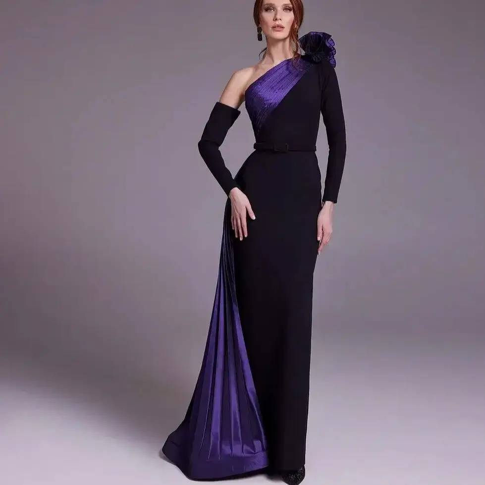 Saudi Arabia Evening Dresses One-Shoulder Purple Black Prom Dresses Mermaid Long Sleeves Ruffles Floor-Length Formal Party Gowns
Saudi Arabia Evening Dresses One-Shoulder Purple Black Prom Dresses Mermaid Long Sleeves Ruffles Floor-Length Formal Party Gowns