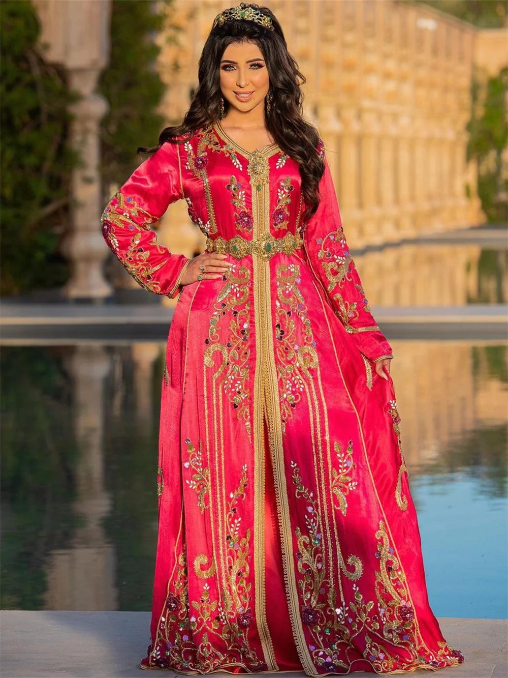 

Афганские вечерние платья с длинным рукавом, классическое ТРАПЕЦИЕВИДНОЕ свадебное платье, Золотая аппликация, длиной до пола, женское платье, платье для невесты