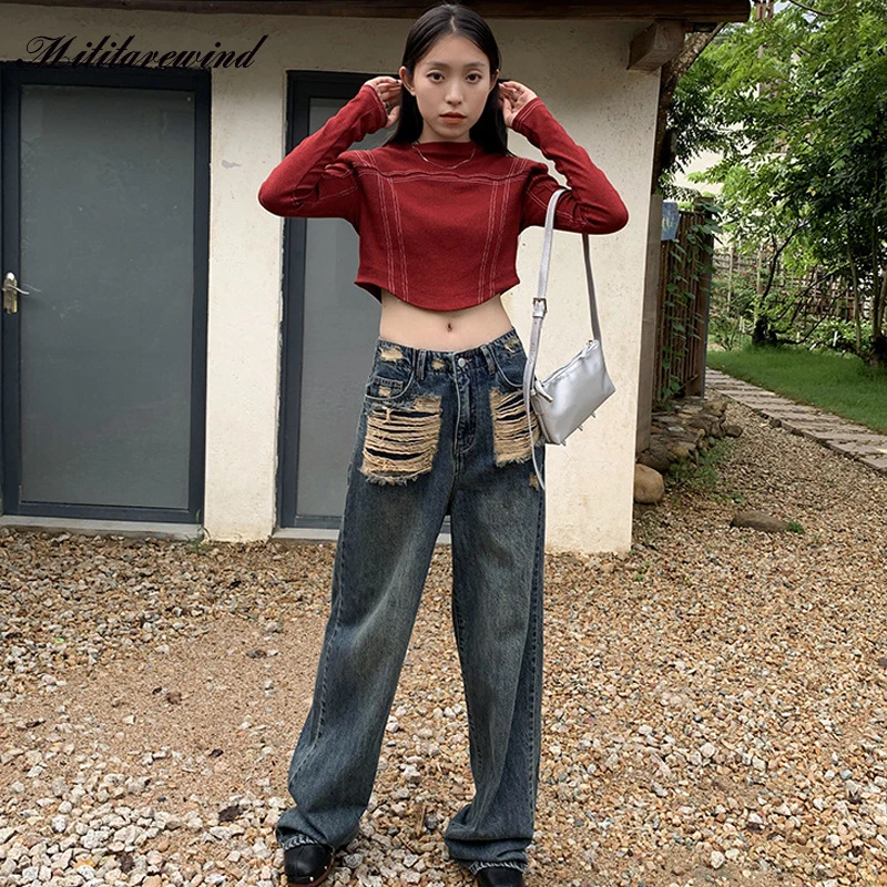 Washed Ripped Loose Jeans Women Vintage Casual Loose Wide Leg Streetwear High Steet Femme Button Zipper Femme High Waist Trouser
Washed Ripped Loose Jeans Women Vintage Casual Loose Wide Leg Streetwear High Steet Femme Button Zipper Femme High Waist Trouser