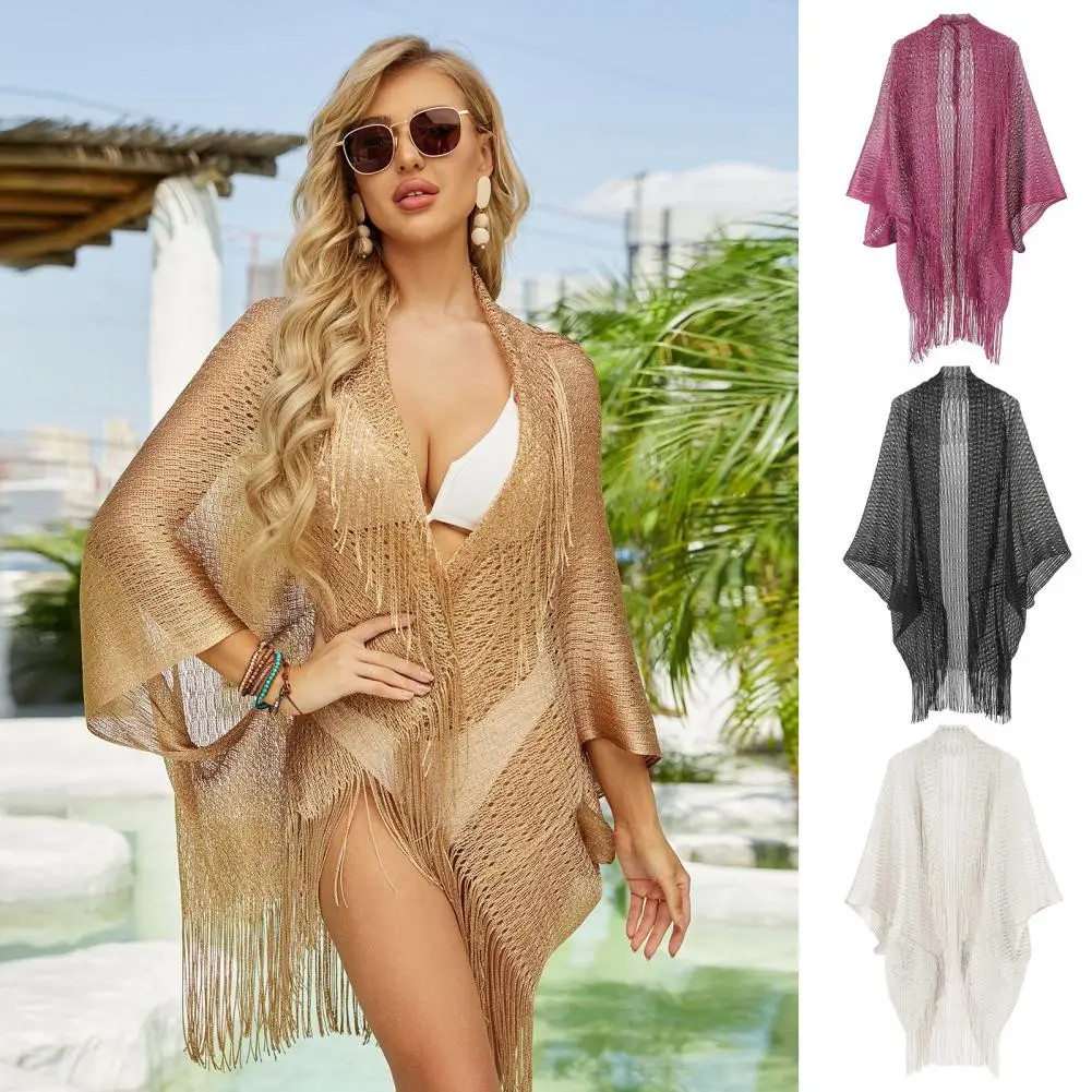 

Beach Coverup Sunscreen Swimsuit Cover-up Poncho with Tassel Decor Quick Dry Beachwear Shawl for Summer Holiday Elegant Swimwear