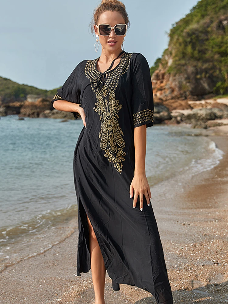

Black Cover-ups V neck Beach Cover up Beach Tunic Robe de Plage Pareo Women Maxi Dress Bikini Cover up Beachwear Sarong