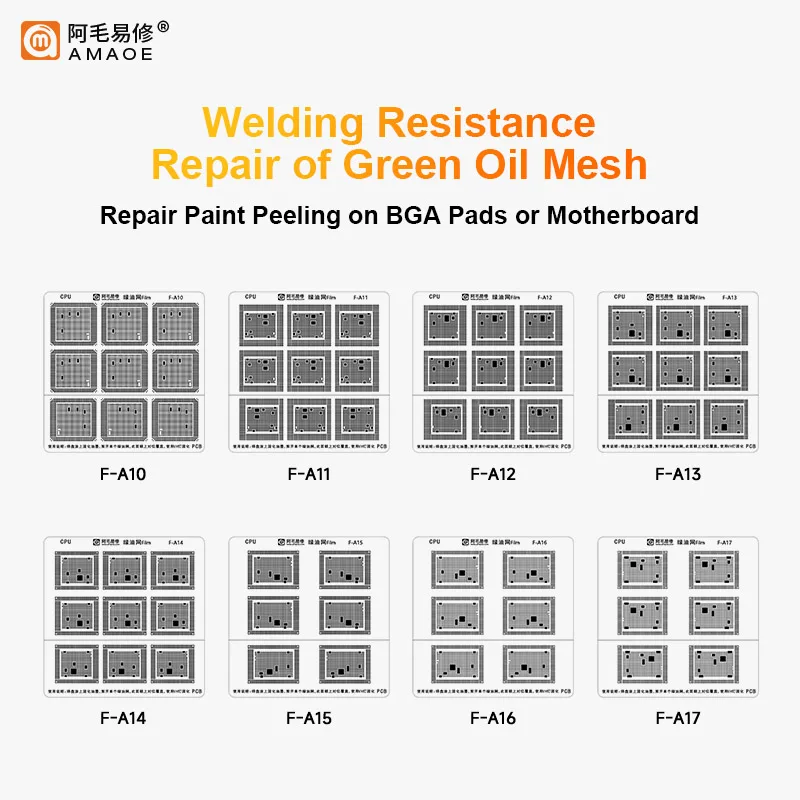 

AMAOE Green Oil Welding Steel Mesh for Mobile Phone Support A10 A11 A12 A13 A14 A15 A16 A17 CPU BGA Reballing Stencil
