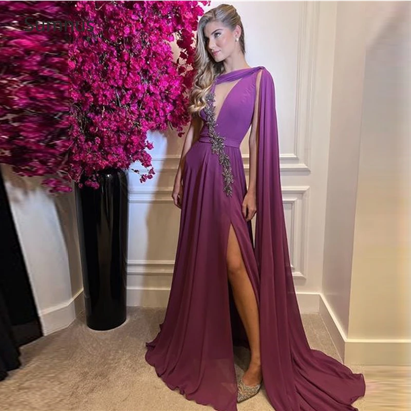 

Sumnus Simple Dark Purple Evening Dresses 2022 Chiffon Lace Appliques Backless High Side Slit Long Prom Dress Vestidos De Noche