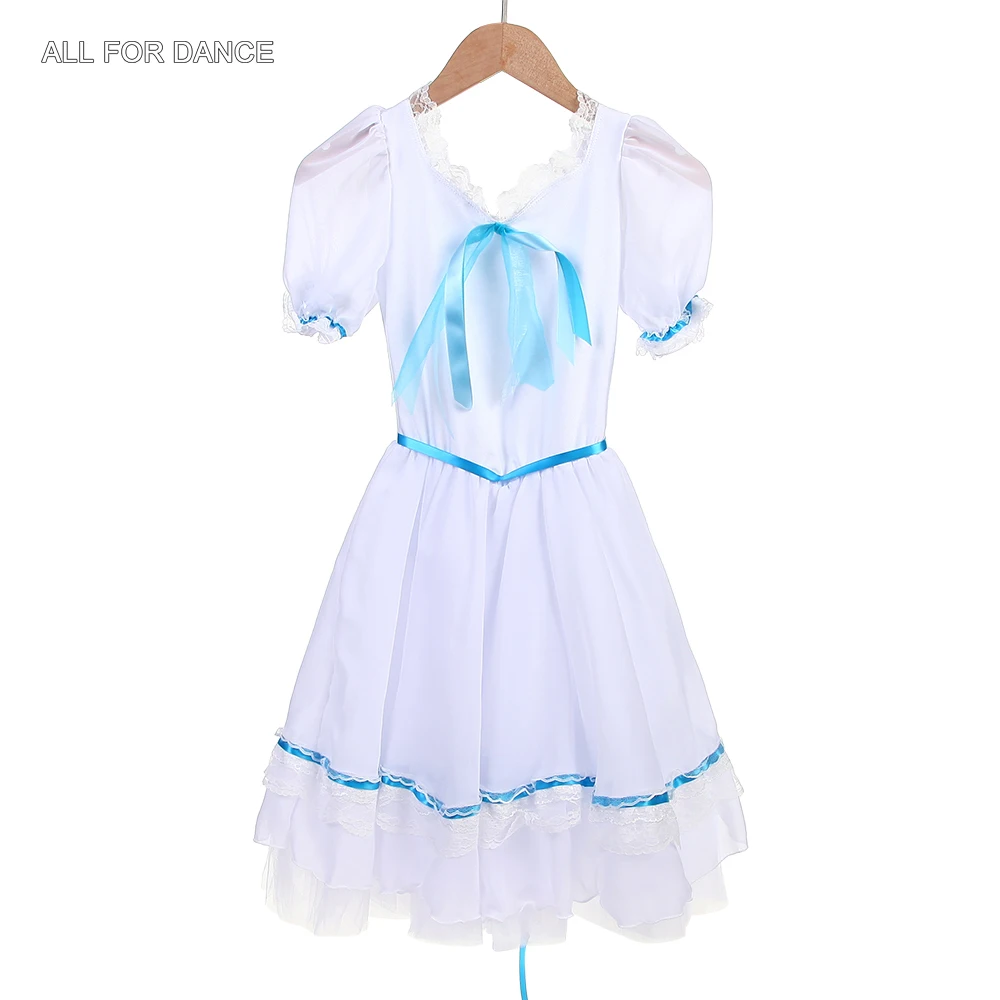 

23157 Short Sleeves Ballet Dance Tutus Gilrs & Women White Bodice with Blue Ribbon Trim Attached Romantic Tutu Skirt