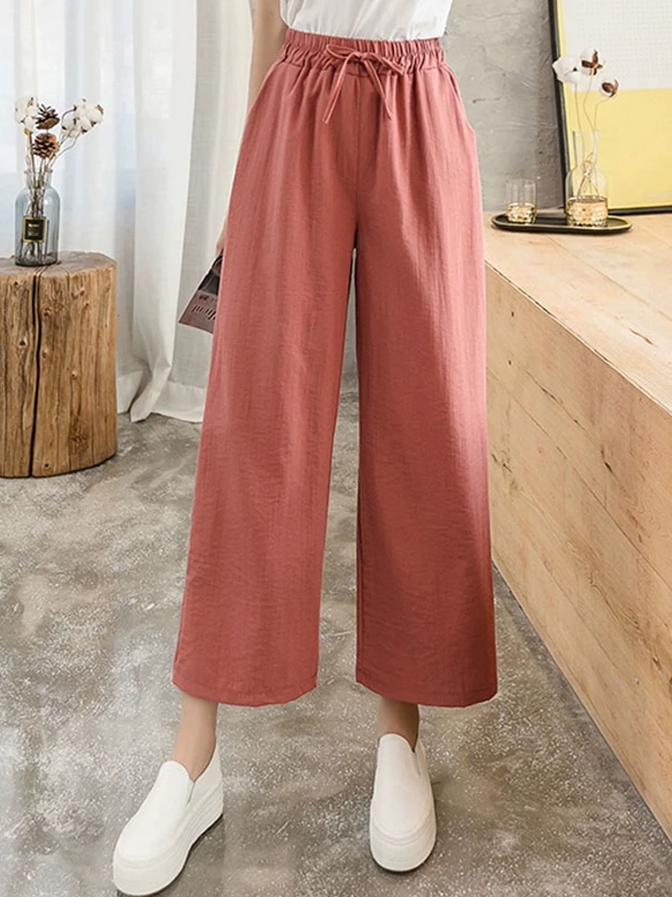 

Icy Silky Women's Summer Fashion Cotton Linen Pants Female Elastic Waist Solid Color Simple Basic Thin Cropped Straight Trouser