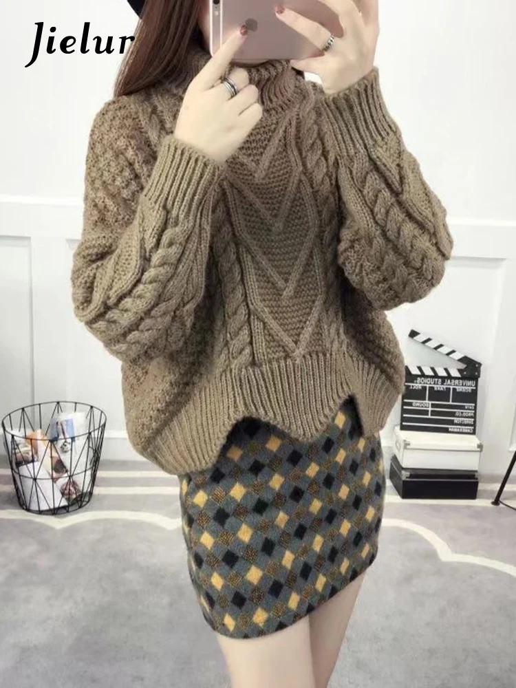 

Jielur Retro Turtleneck Khaki Knitted Women Pullovers Fashion Office Lady Loose Slim Winter Casual Solid Color Female Pullovers