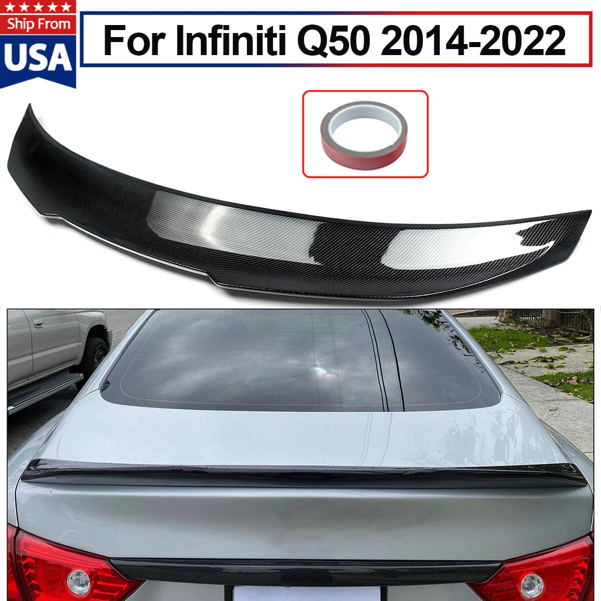 Rear Lip Trunk Spoiler Wing For 14-24 Infiniti Q50 Sedan PSM Carbon Fiber Style Rear Lip Trunk Spoiler Wing For 14-24 Infiniti Q50 Sedan PSM Carbon Fiber Style