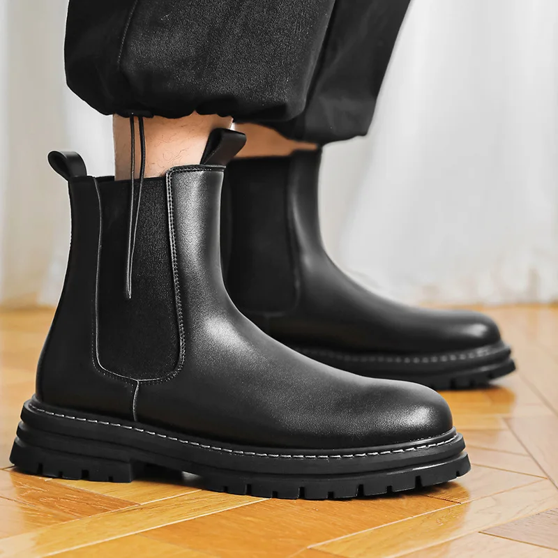 

England style mens fashion chelsea boots black trend platform shoes cowboy original leather boot handsome high chimney botas man