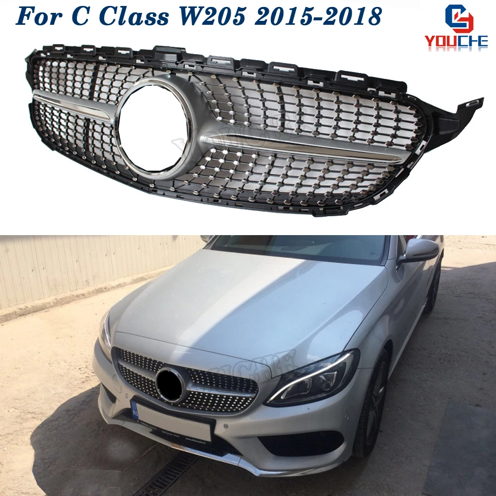 

W205 Diamonds Silver Grille Front Bumper Grill Mesh For Mercedes W205 Sport Edition C Class A205 C205 S205 C300 C350 2015 -2018